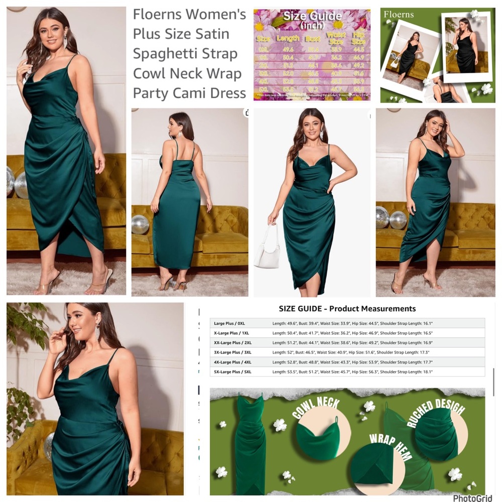 Floerns XL plus green sati spaghetti strap cowl neck wrap party cami dresss NWT